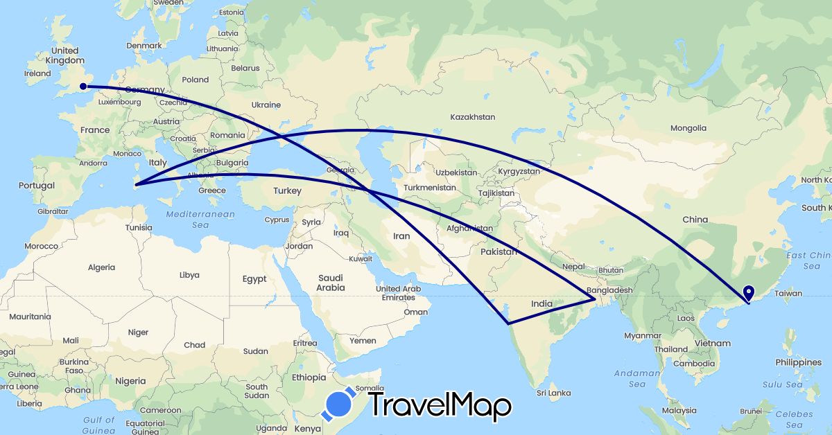 TravelMap itinerary: driving in China, United Kingdom, India, Italy (Asia, Europe)